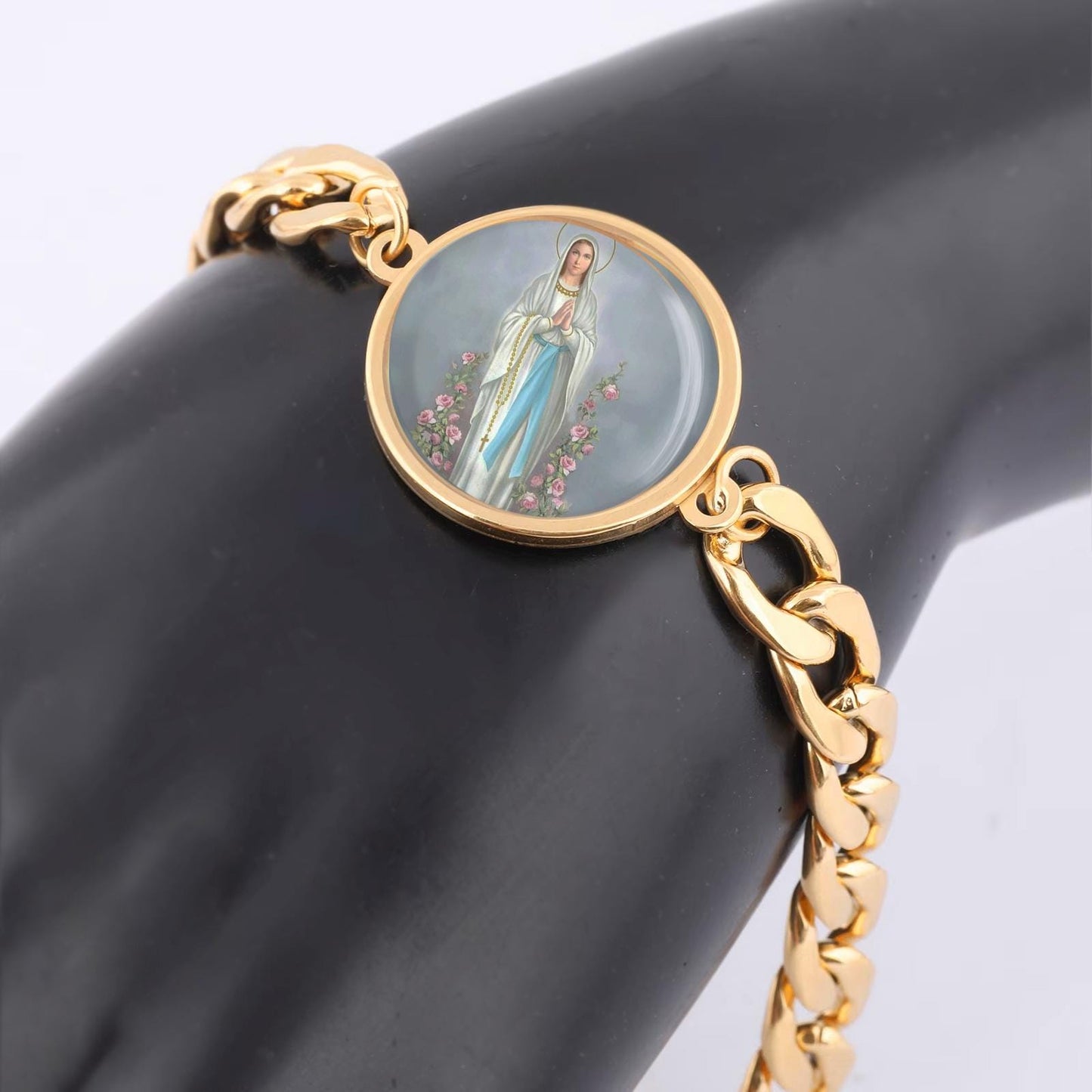 Our Lady Mary W Rosary Curb Bracelet Gold or Silver tone Religious Jewelry Simple Chain