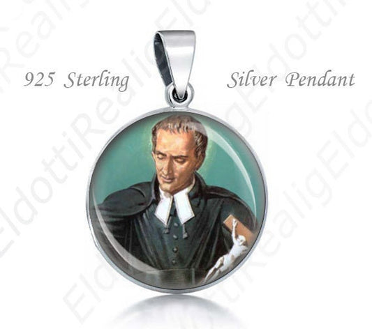 St Louis-Marie Grignion de Montfort Religious Christian 925 Silver Medal Round Pendant 20mm Jewelry for Necklace