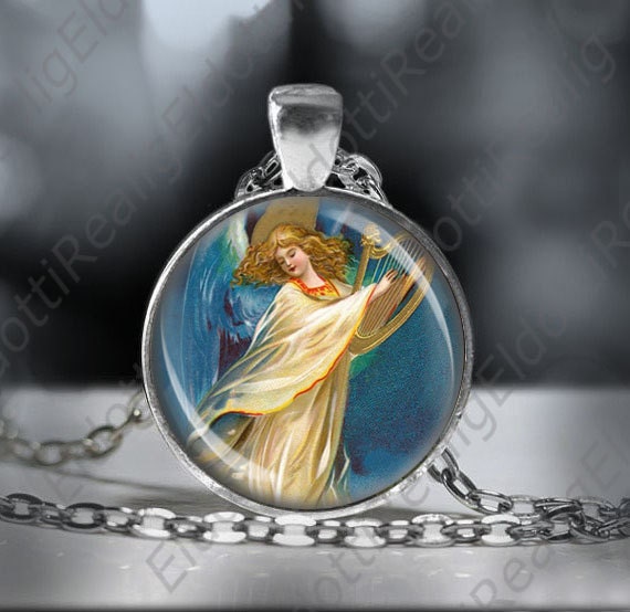 Angel Playing a Harp Guardian Necklace - Religious Jewelry Medal Pendant w Chain.