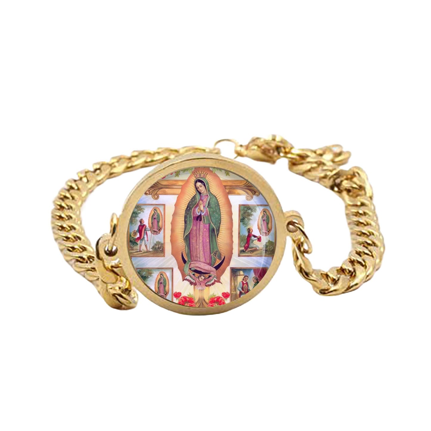 Our Lady Guadalupe, Extremadura Curb Bracelet Gold or Silver tone Religious Jewelry Simple Chain