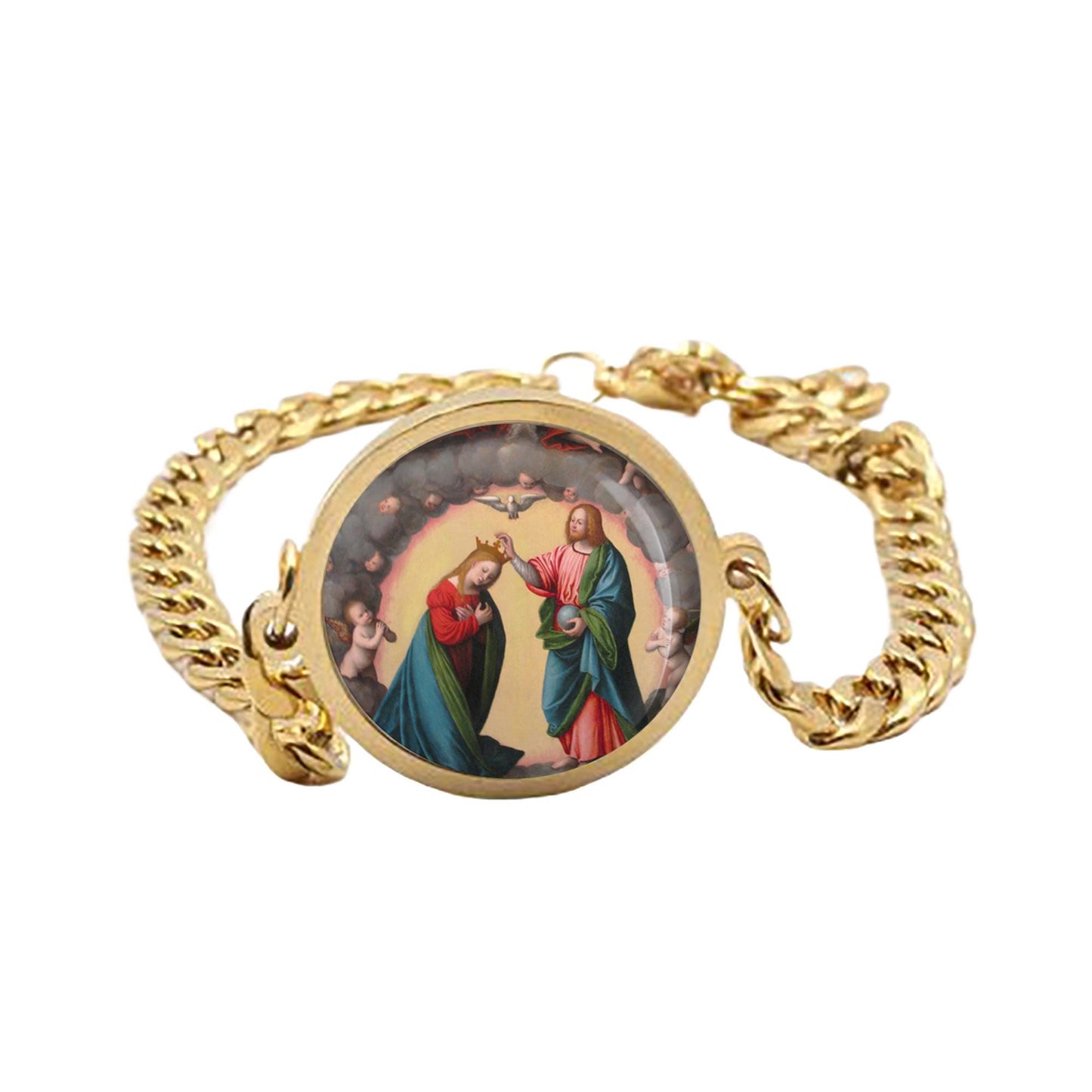 Our Lady Coronation Of The Virgin (Giovanni Battista) Curb Bracelet Gold or Silver tone Jewelry Stainless Steel