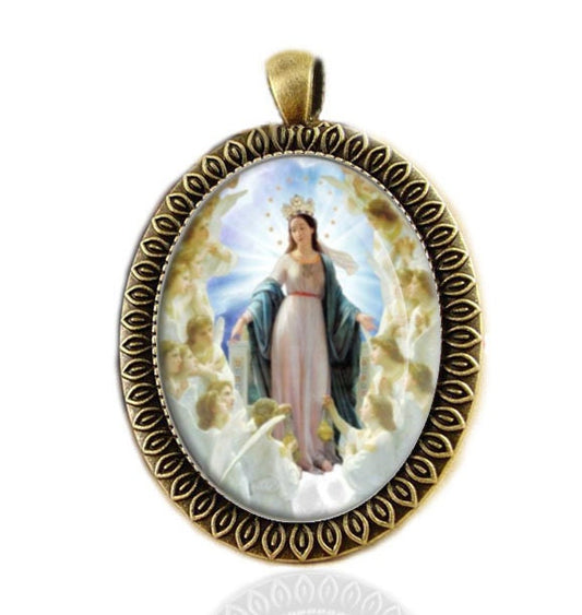 Mother Virgin Mary with Angels Bronze Oval Pendant