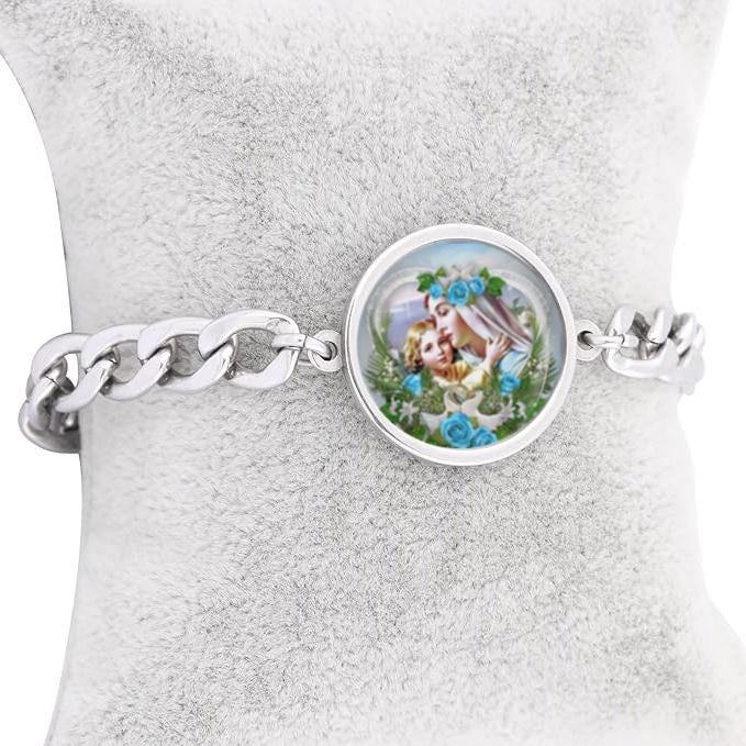 Our Lady Mother Mary And Baby Jesus With Blue Roses Curb Bracelet Gold or Silver tone Religious Jewelry Simple Chain