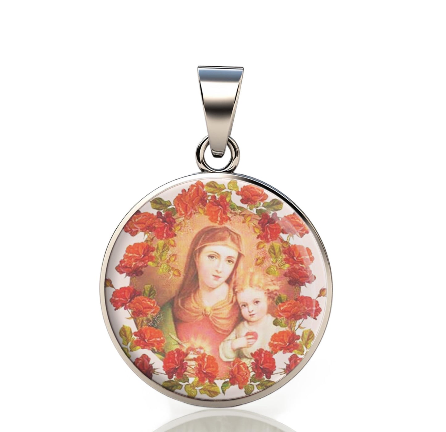Our Lady Mary And Baby Jesus With Roses 925 Sterling Silver Round Pendant Christian Religious Medal Small 20mm