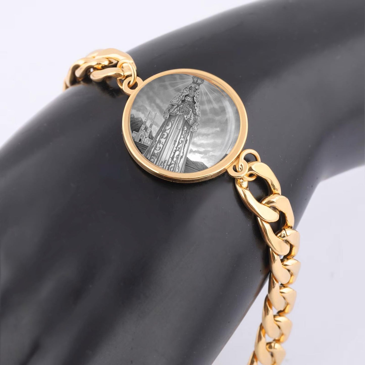 Our Lady Valle Blessed Mother Mary Curb Bracelet Gold or Silver tone Religious Jewelry Simple Chain