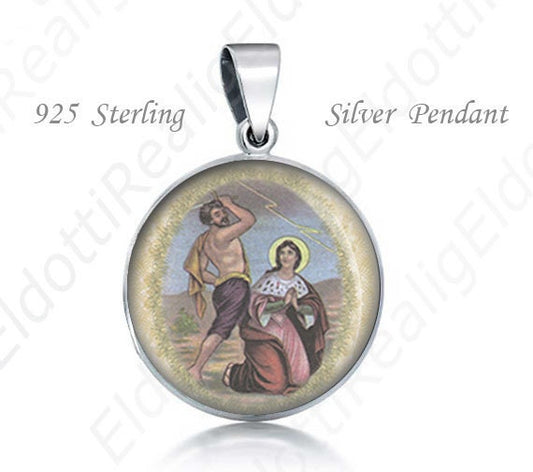 St Eurosia di Jaca Sterling Silver Pendant. Saint Orosia Religious Christian 925 Silver Medal Round 20mm Patron Saint