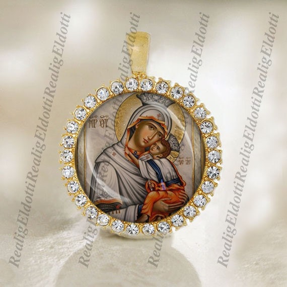 Most Holy Theotokos Sweet Kissing (also called Eleousa or All-Merciful) Christian Orthodox Gold Tone Medal Pendant Jewelry