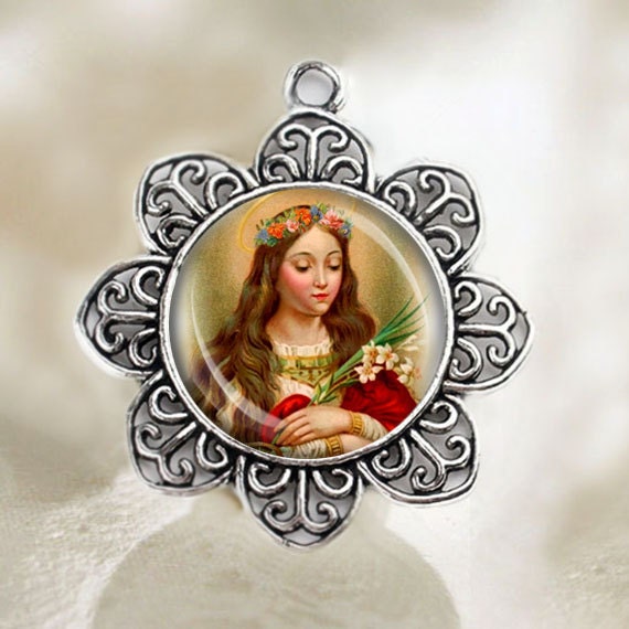 St Philomena Medal Catholic Christian Flower Shaped Silver Tone Jewelry