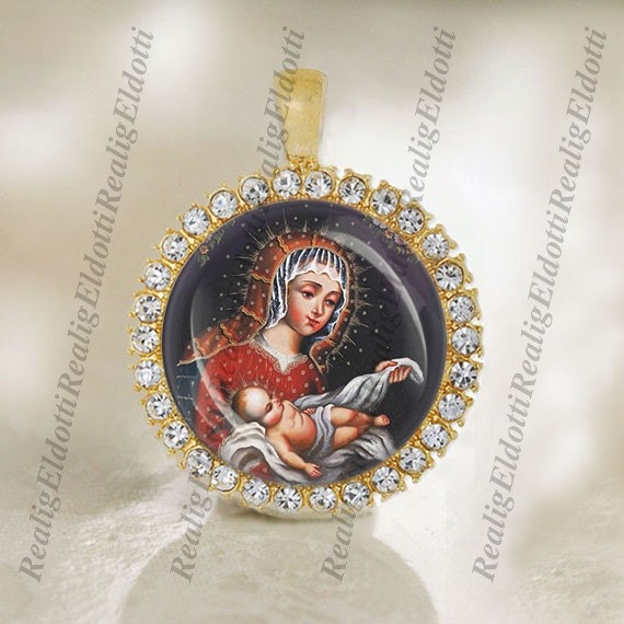 Mother of Christ Virgin Mary and Baby Jesus Christian Catholic Gold Tone Medal Pendant Jewelry
