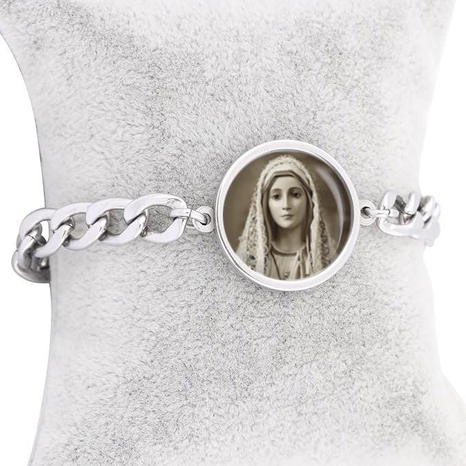Our Lady Fatima Curb Bracelet Gold or Silver tone Religious Jewelry Simple Chain