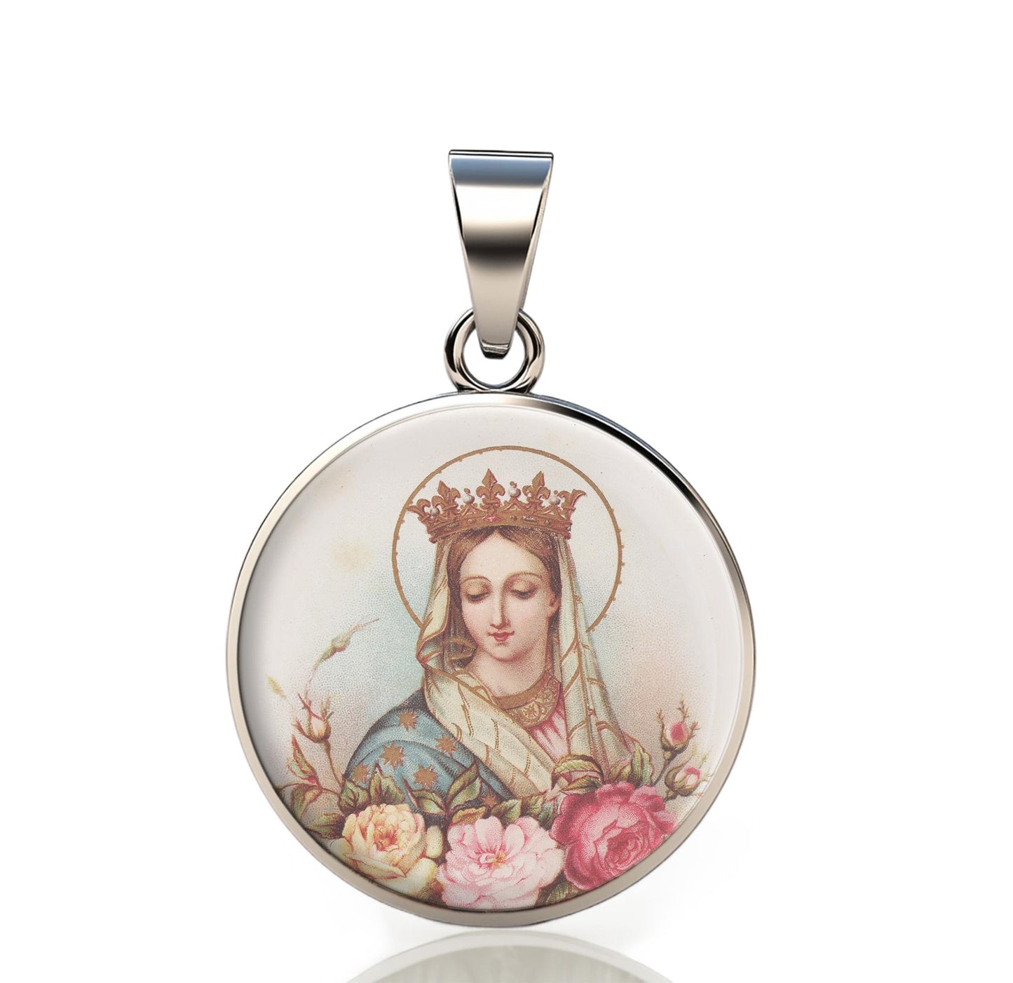 Our Lady Queen Of The Most Holy Rosary Catholic Mary 925 Sterling Silver Round Pendant Christian Religious Medal Small 20mm
