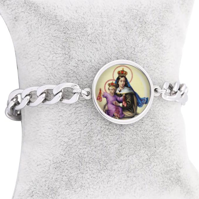 Our Lady Mount Carmel Curb Bracelet Gold or Silver tone Religious Jewelry Simple Chain