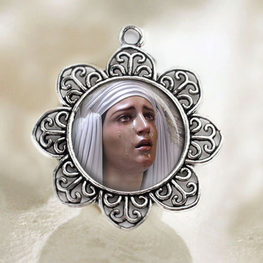 Our Blessed Lady Tears Catholic Medal Virgin Mary Crying Christian Pendant Silver Tone Jewelry Flower Shape.