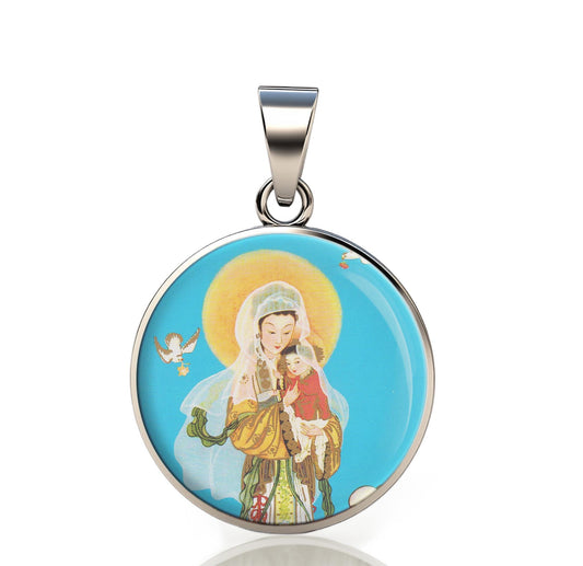 Our Lady China 925 Sterling Silver Round Pendant Christian Religious Medal Small 20mm