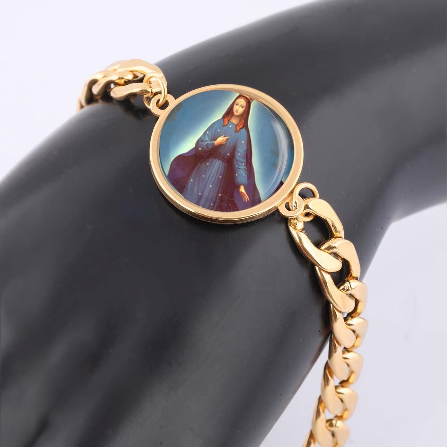 Our Lady Pontmain Curb Bracelet Gold or Silver tone Religious Jewelry Simple Chain