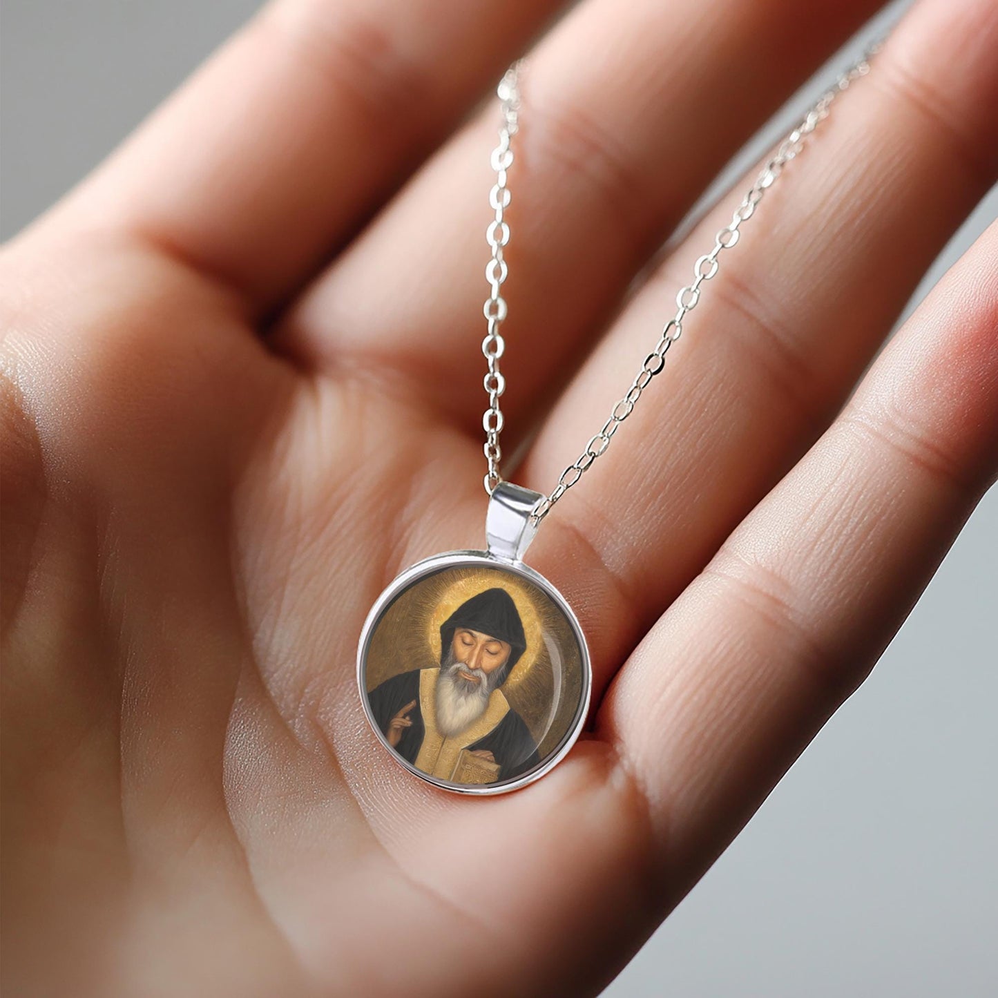 St. Charbel Catholic Necklace Medal Round Pendant Lebanese Art, Roman Catholic Monks