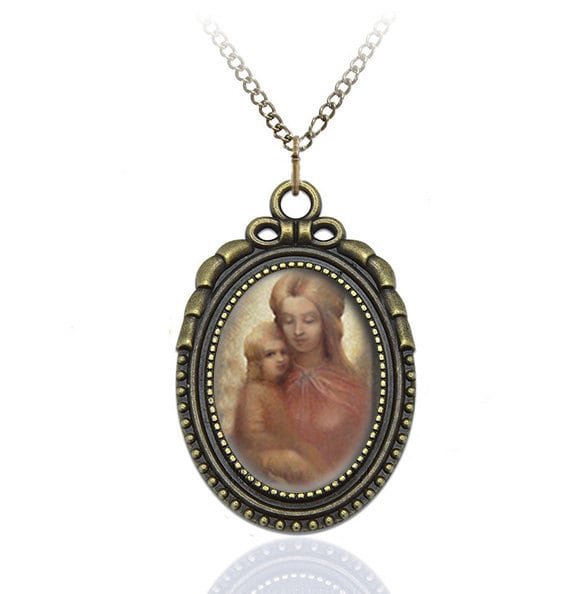 Divine Mother Religious Pendant Jewelry Virgin Mary and Baby Medal Oval Style Charm Bronze w Chain