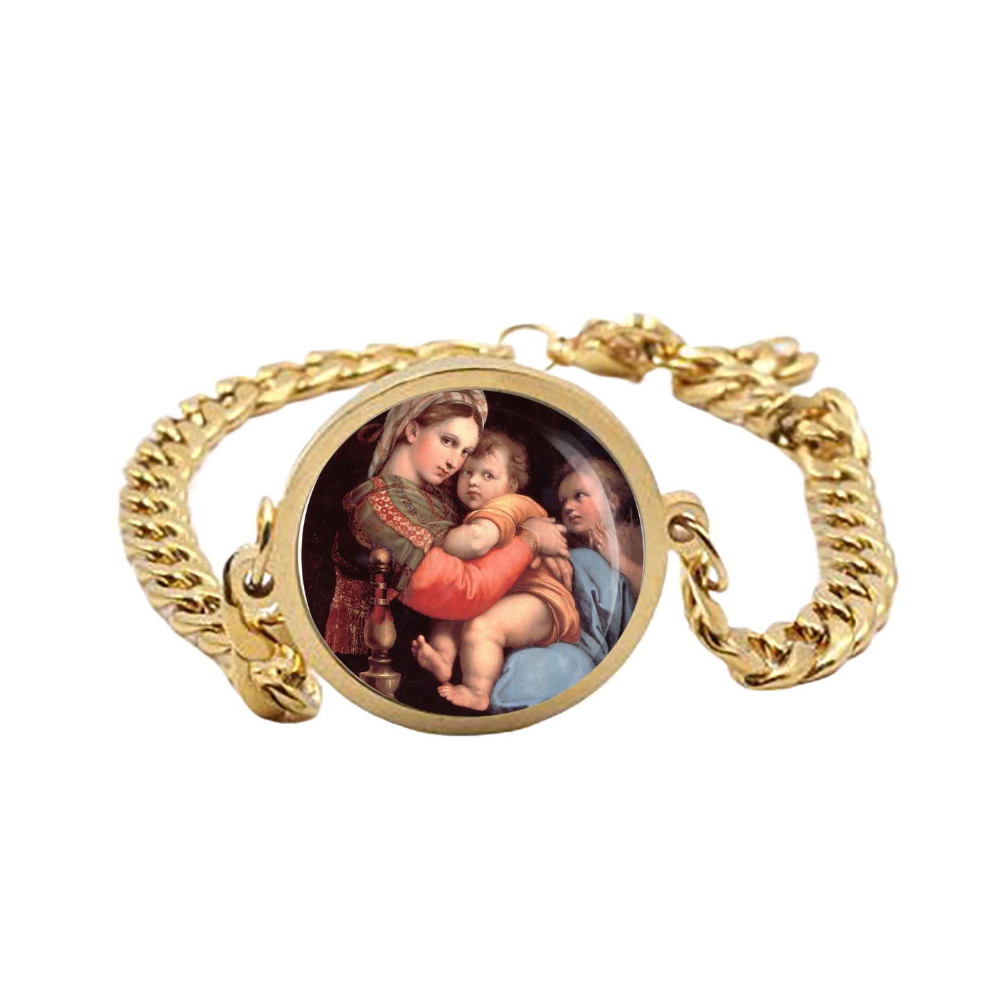 Our Lady Madonna Sistine Curb Bracelet Gold or Silver tone Religious Jewelry Simple Chain