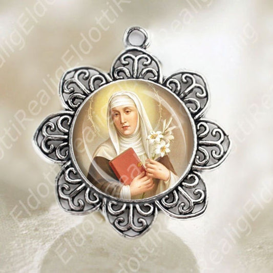 St Catherine of Siena Catholic Medal Pendant Flower Shaped Religious Jewelry for Necklace