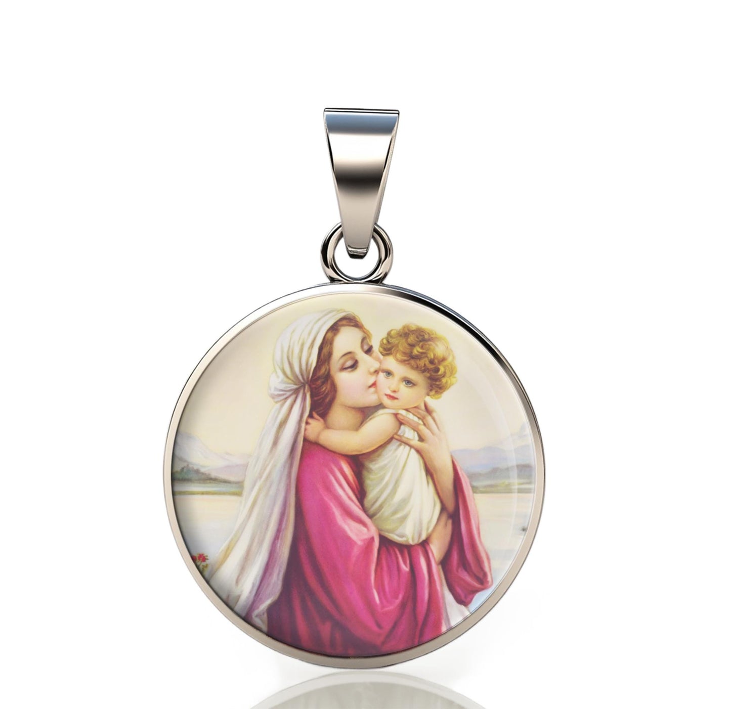 Our Lady Mary 925 Sterling Silver Round Pendant Christian Religious Medal Small 20mm