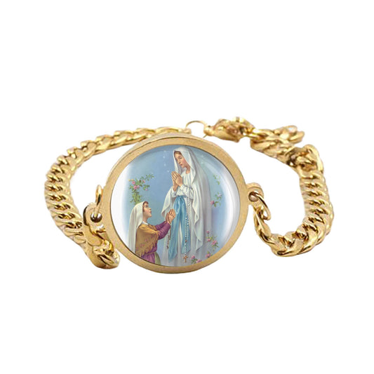 Our Lady of Lourdes Curb Bracelet Gold or Silver tone Religious Jewelry Simple Chain