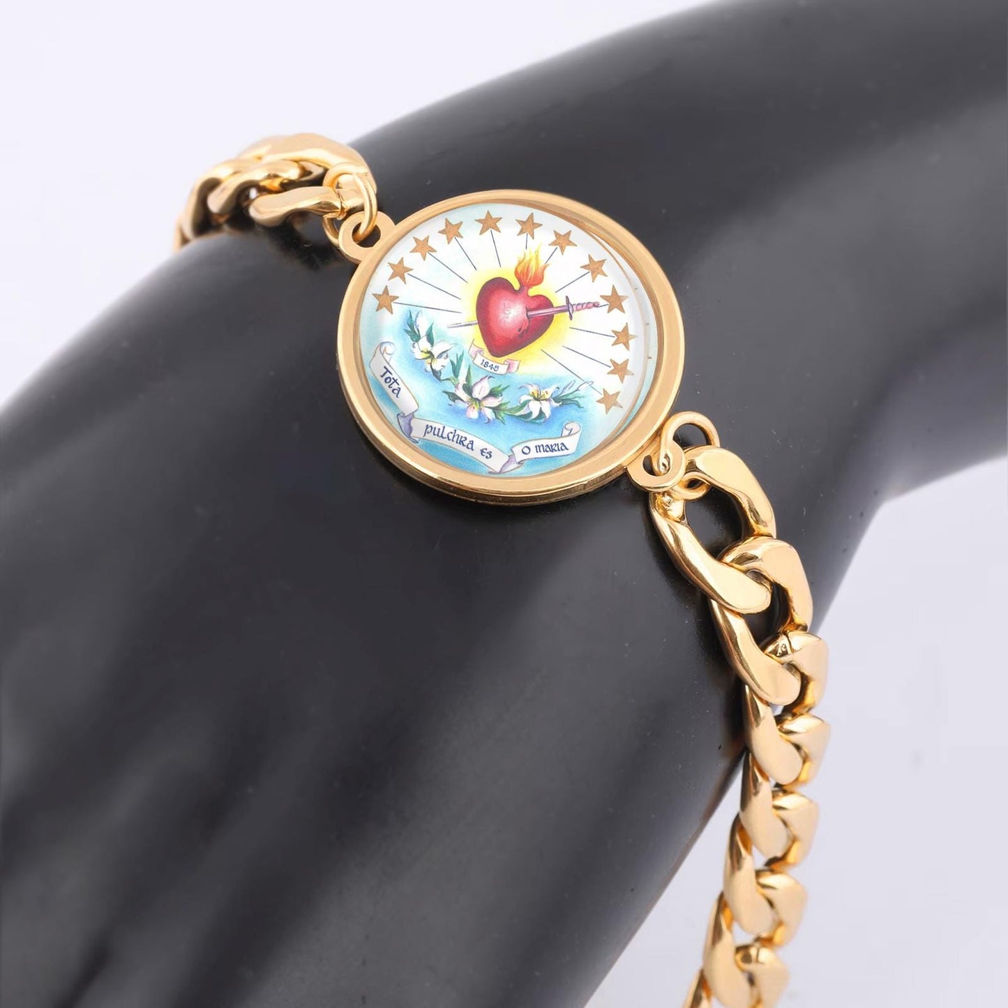 Our Lady Immaculate Heart and Stars Curb Bracelet Gold or Silver tone Religious Jewelry Simple Chain