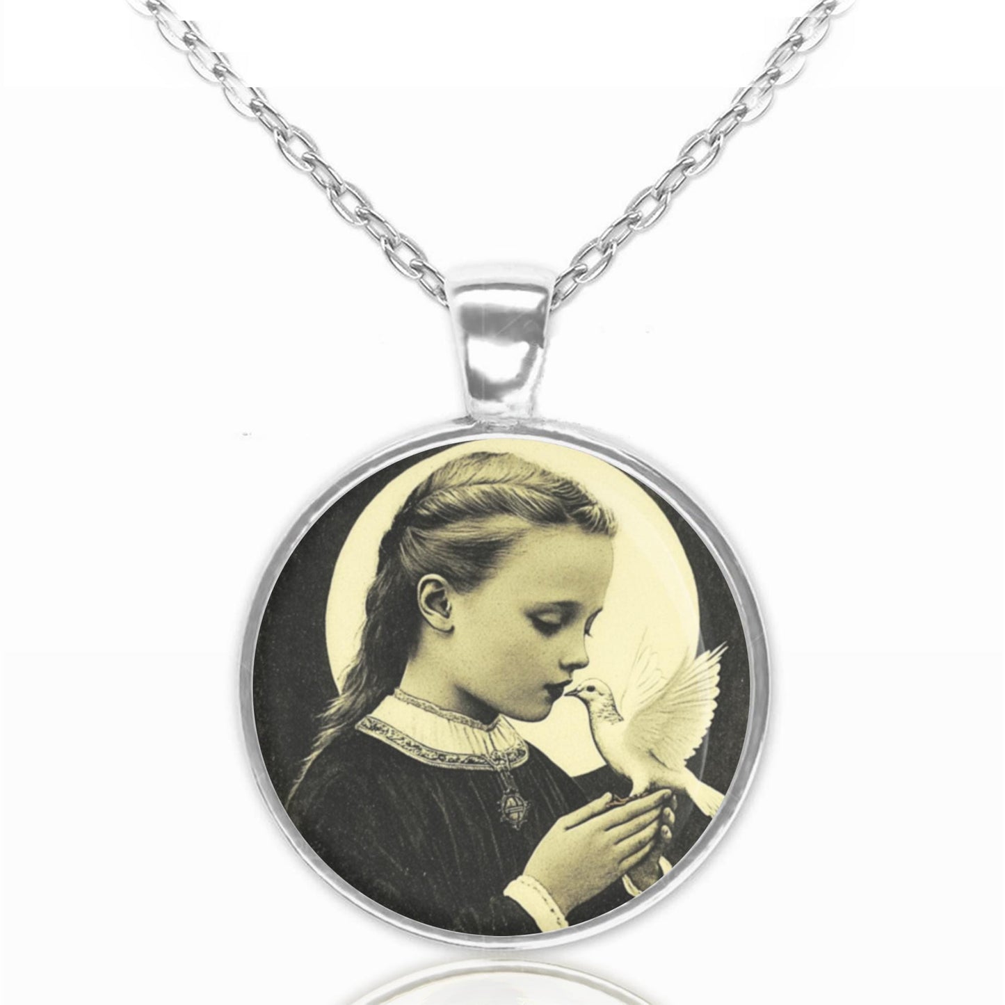 St Maria Goretti w Dove Child Patronness of Children, Purity Catholic Necklace Medal Black and Whine Fine Jewelry Devotional