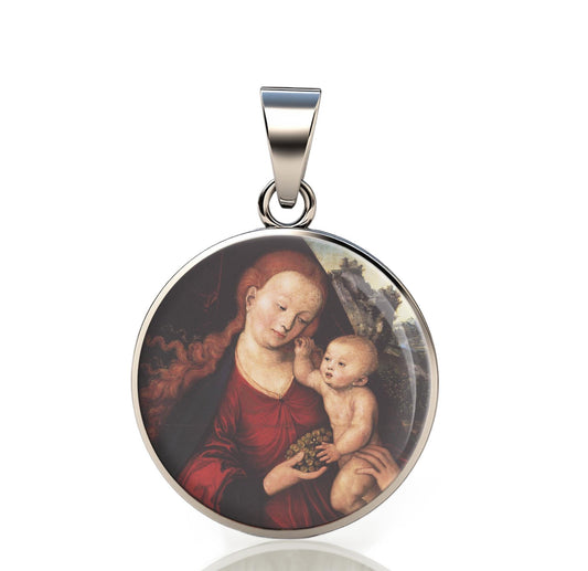 Our Lady Grapes 925 Sterling Silver Round Pendant Christian Religious Medal Small 20mm