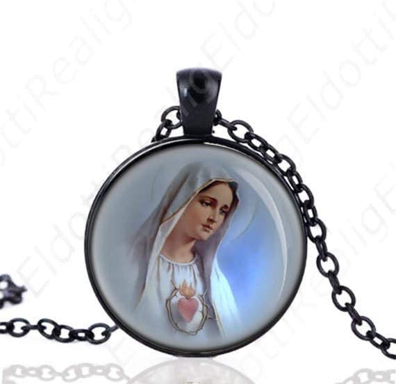 Our Lady of Fatima Black Necklace Virgin Mary Blue Colors Catholic Medal Pendant Chain