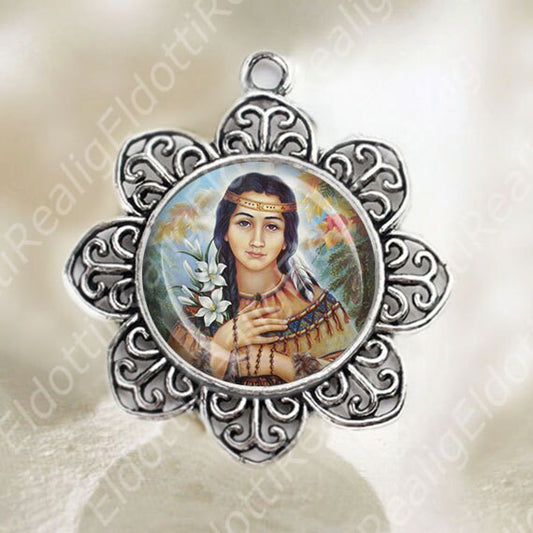 St Kateri Tekakwitha Catholic Medal Pendant Flower Shaped Religious Jewelry for Necklace