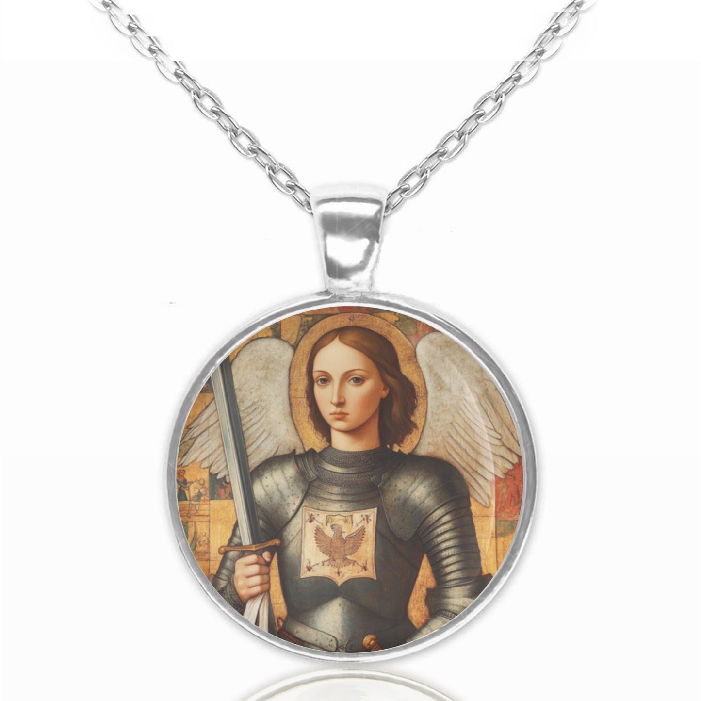 St. Joan of Arc with Sword Religious Necklace Round Medal Pendant