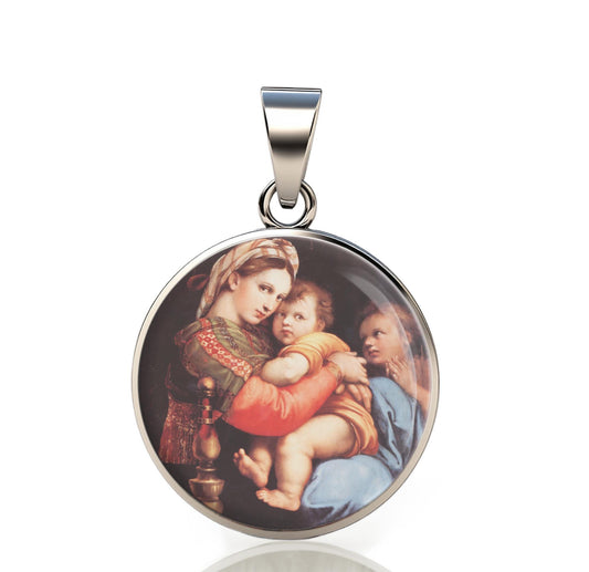 Our Lady Madonna Sistine 925 Sterling Silver Round Pendant Christian Religious Medal Small 20mm