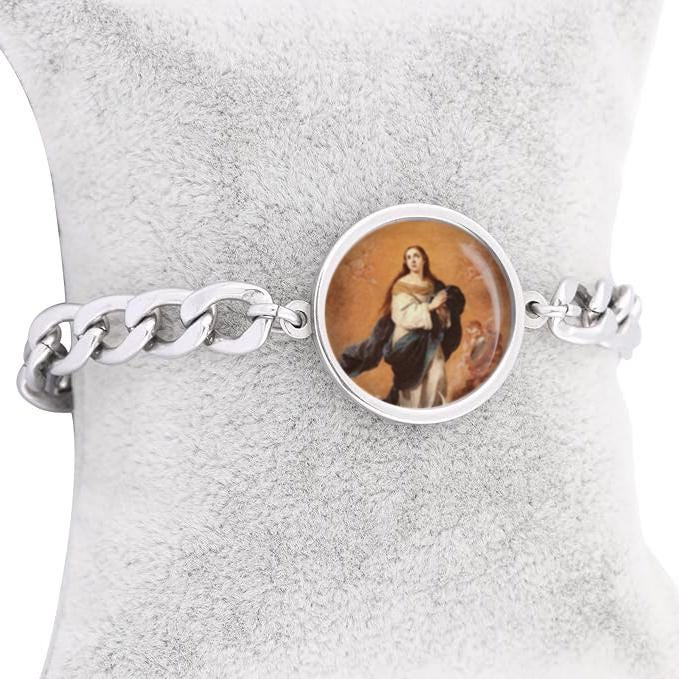 Our Lady Immaculate Conception Curb Bracelet Gold or Silver tone Religious Jewelry Simple Chain