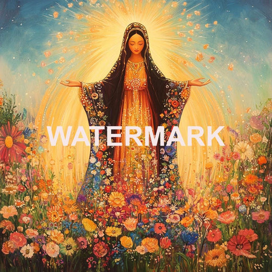 a painting of the virgin mary surrounded by flowers