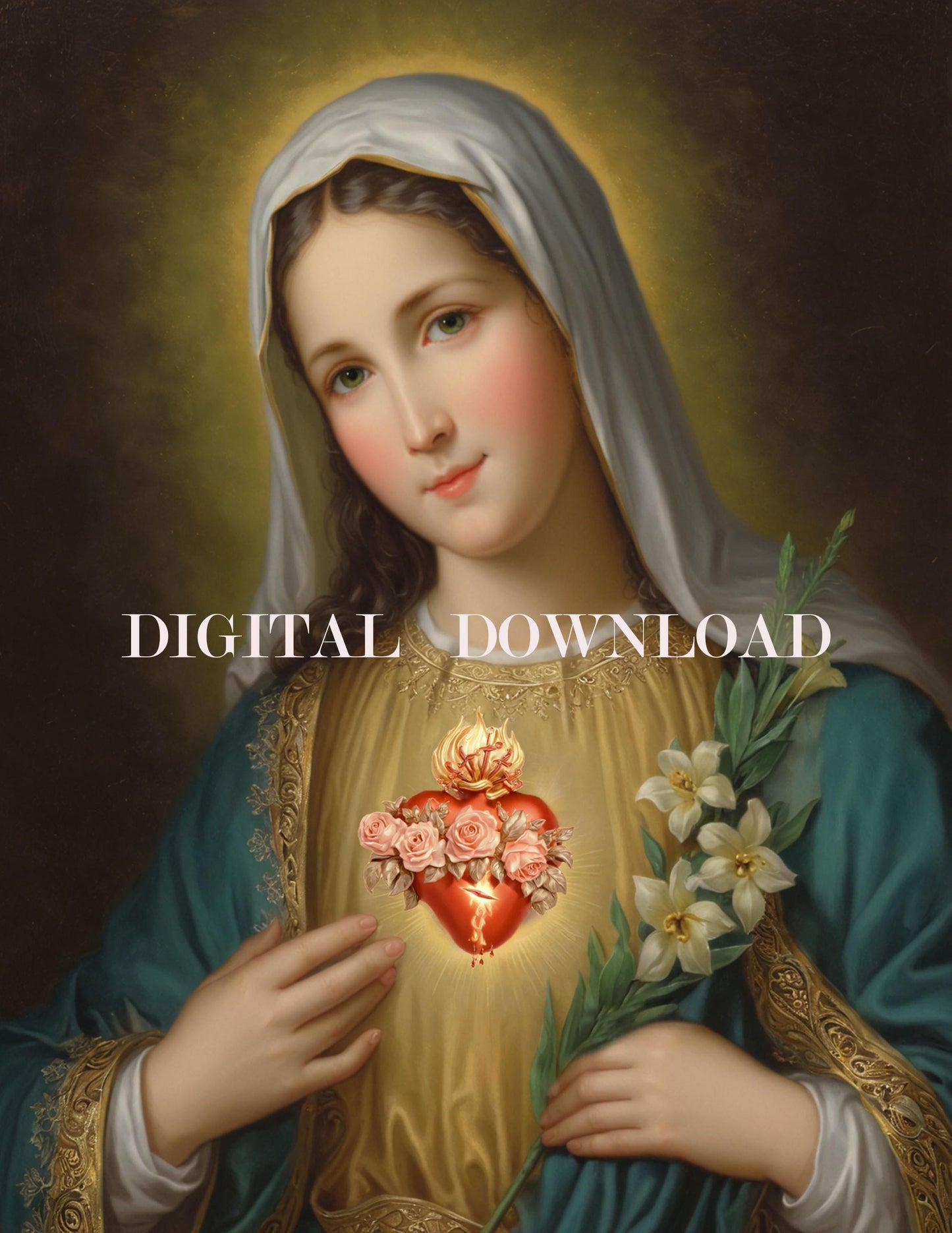 Immaculate Heart of Mary Religious Art Print | Marian Devotional Artwork | Digital Download
