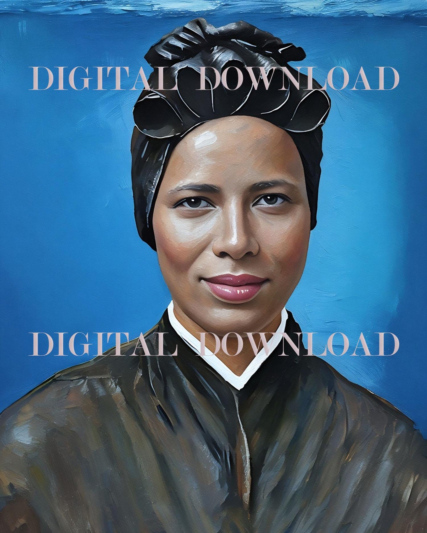 st. Josephine Bakhita digital download artwork, featuring a serene and graceful depiction of the saint in prayer, with vibrant colors and intricate details.