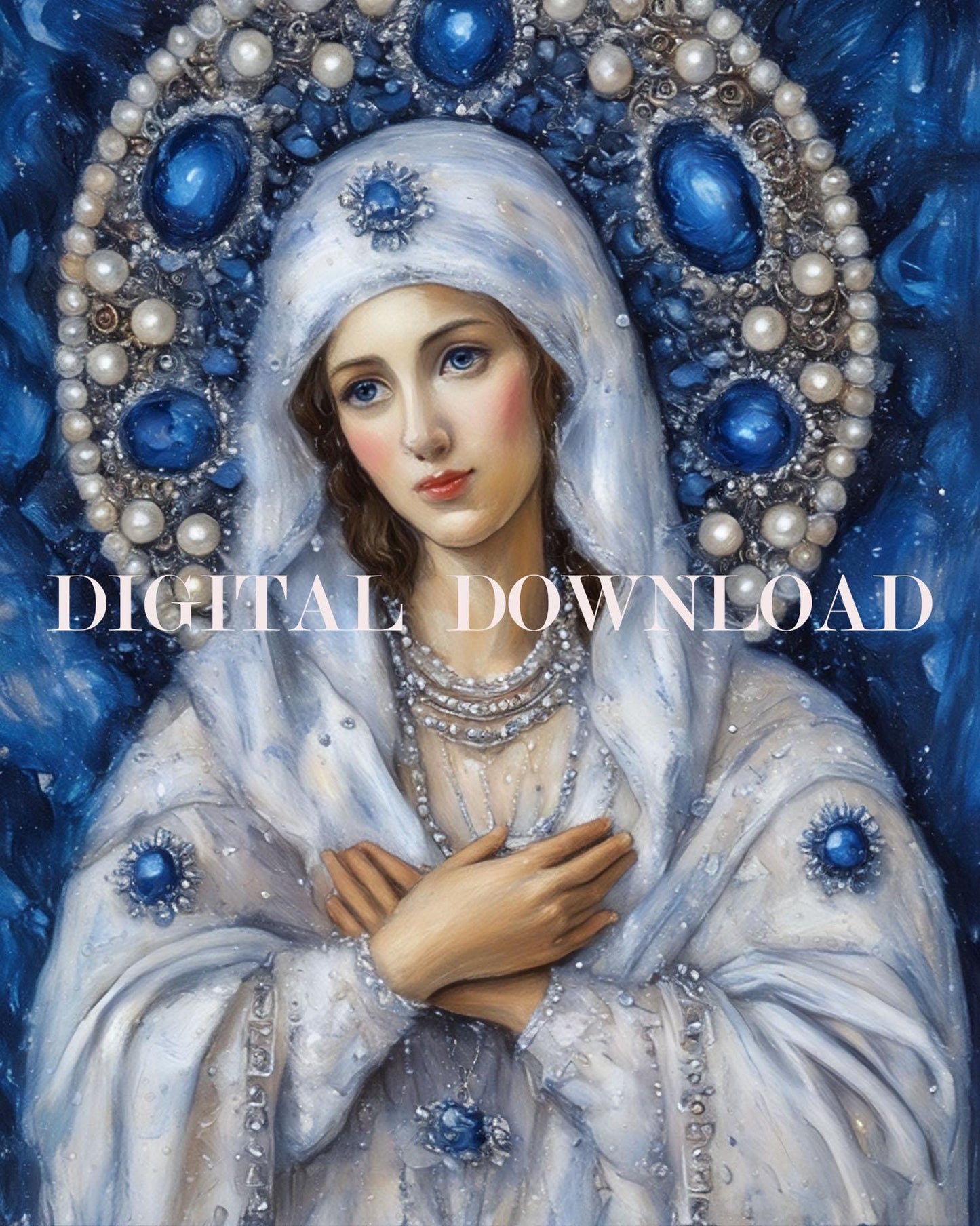 Our Lady Mother Mary Adorned With Pearls Religious Art DIGITAL DOWNLOAD Print