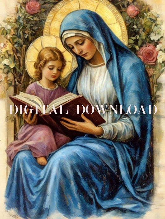 St Anne and Child Mary Reading Religious Art DIGITAL DOWNLOAD Catholic Print