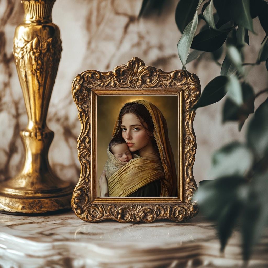 Baby Jesus and Mother Mary | Wearing Sling Wrapping Digital Catholic Religious Art Print Download