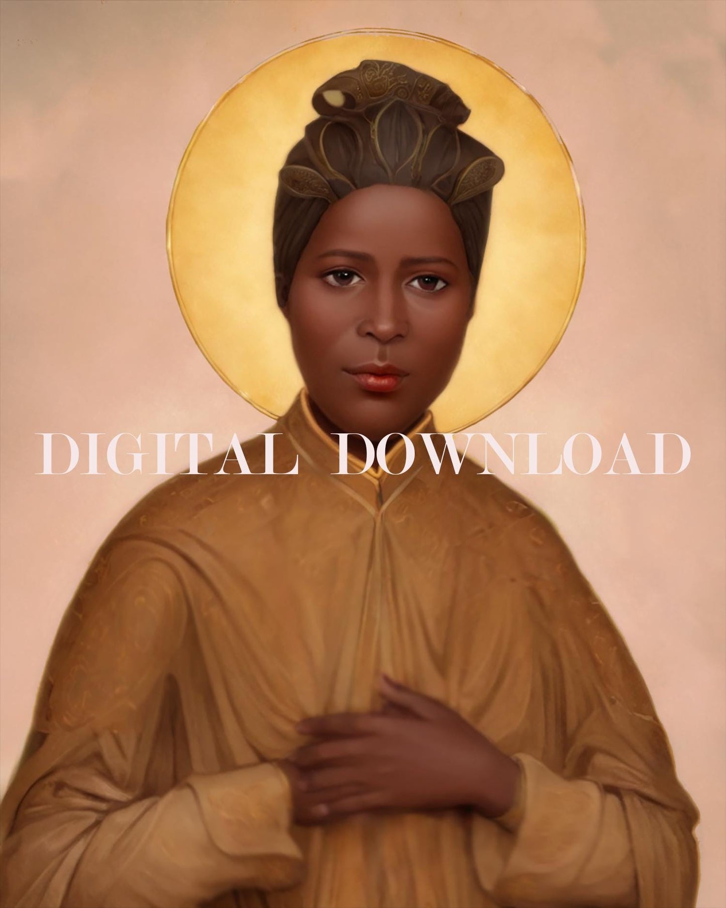 Digital download of St. Benedict the Moor, showcasing a peaceful and dignified portrayal of the saint, with rich, earthy tones and intricate details, reflecting his humility and devotion