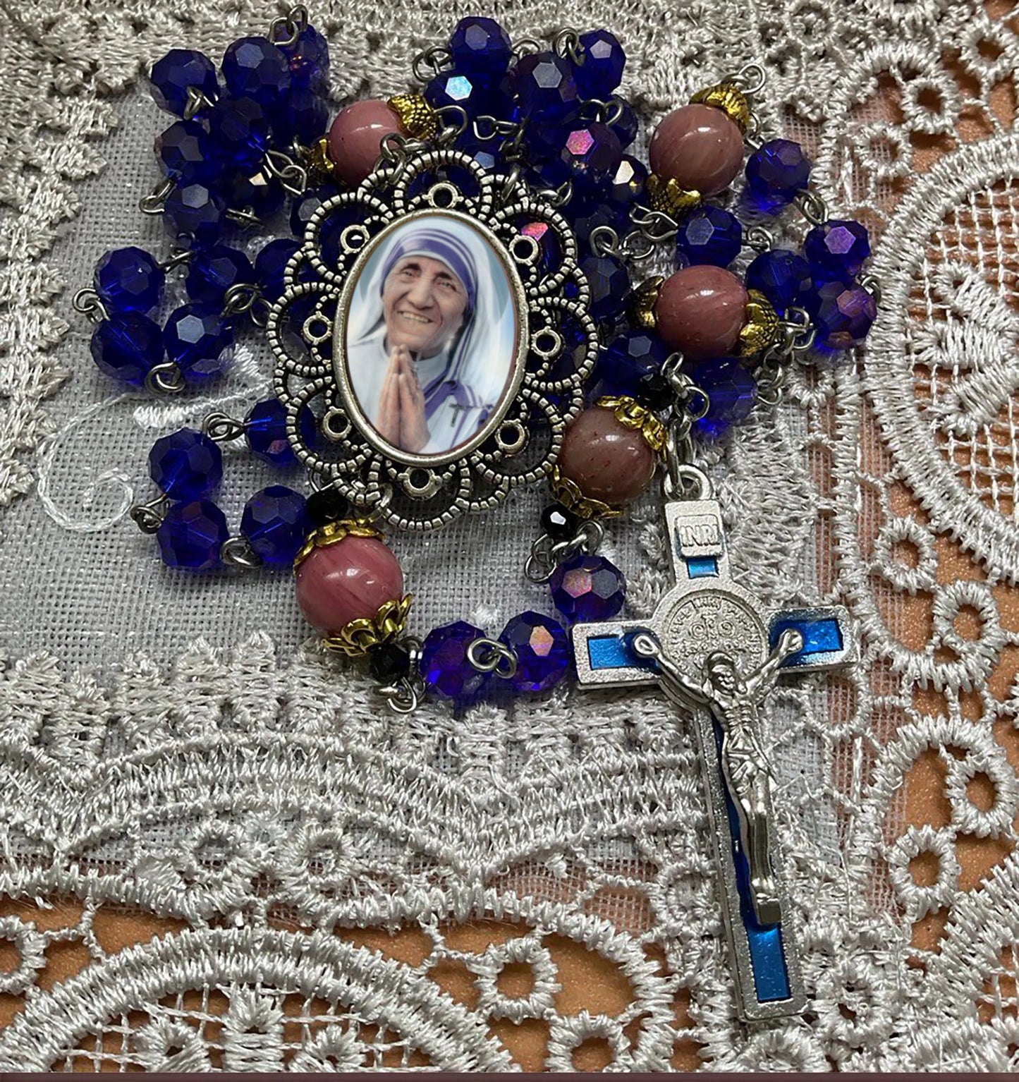 Saint Mother Teresa Handmade Deep Blue Rosary Gemstones Rhodonite Beads
