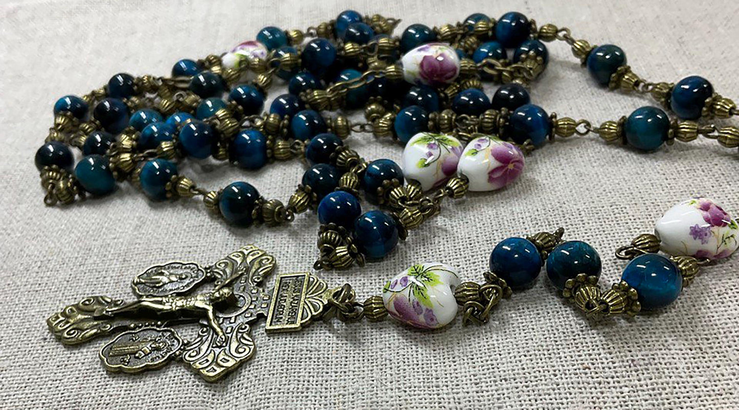 Catholic Rosary Heirloom Vintage Style | Pardon Crucifix St Michael Archangel Centerpiece Handmade Devotional Gemstones Beads Ceramic Hearts
