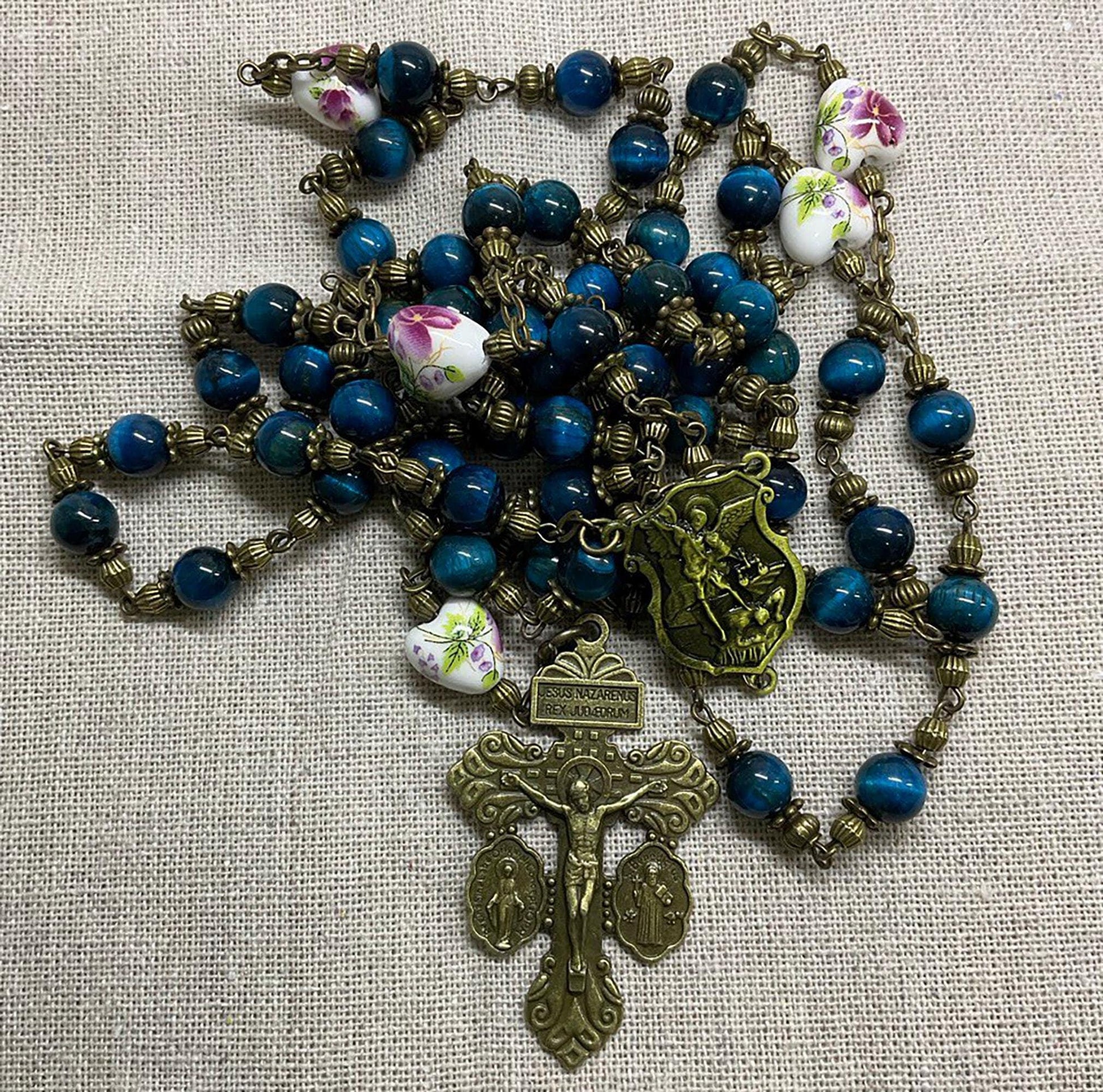 Catholic Rosary Pardon Crucifix  St. Michael the Archangel Centerpiece Devotional Gemstones