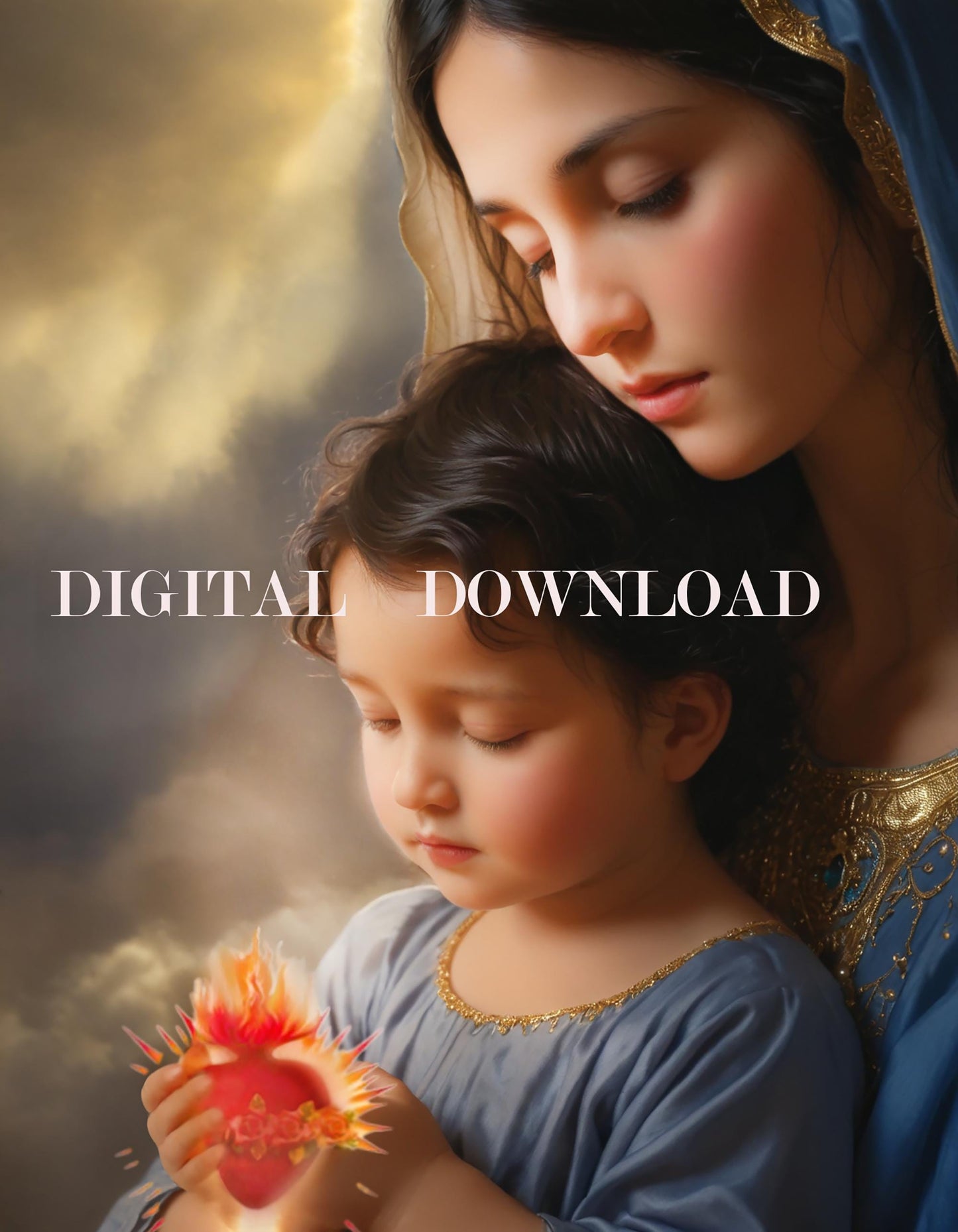 Holy Mother Mary and Baby Jesus Sacred Heart Digital Download Art | Religious Print, Christian Home Decor, Inspirational Wall Art