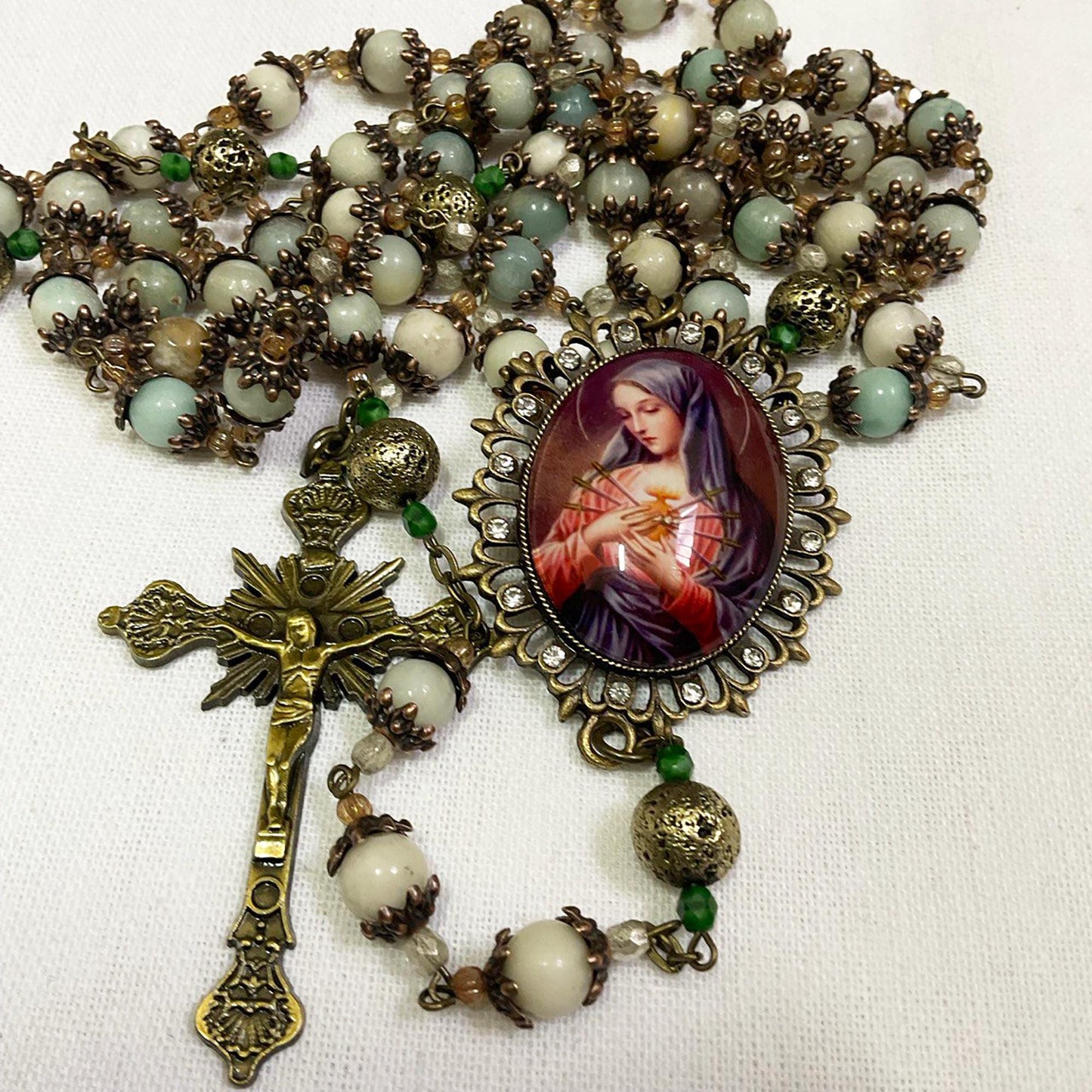 Catholic Heirloom Bronze Rosary Our Lady of Sorrows | Seven Sorrows of Mary | Handmade with Amazonite Gemstones + Czech Glass Beads
