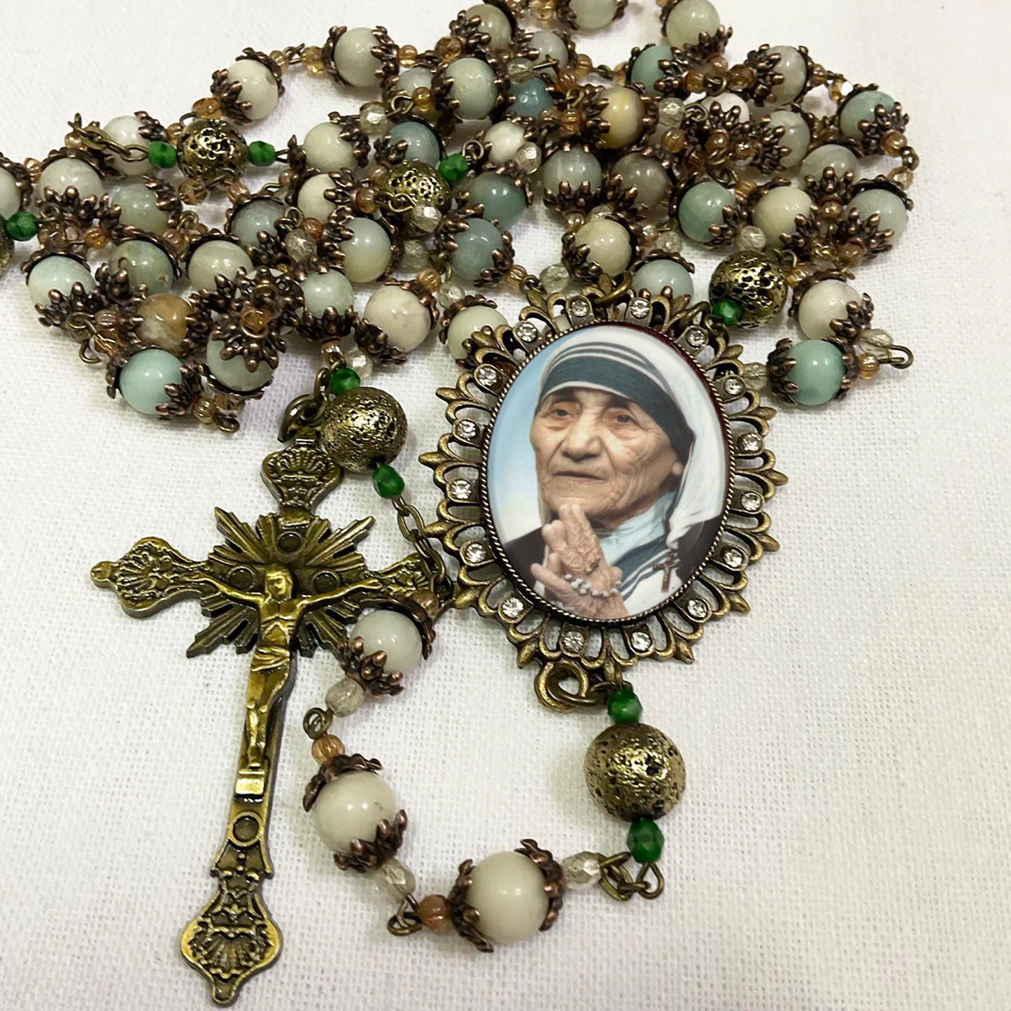 St Mother Teresa Handmade Catholic Rosary - Amazonite Gemstones and Czech Glass Beads