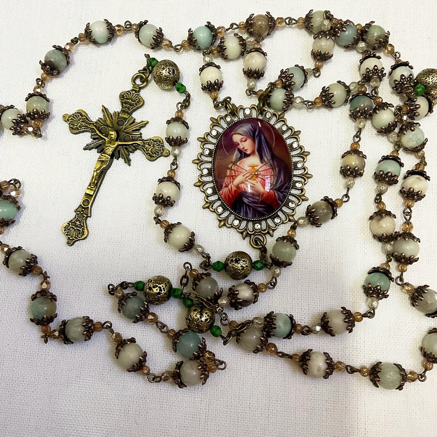 Catholic Heirloom Bronze Rosary Our Lady of Sorrows | Seven Sorrows of Mary | Handmade with Amazonite Gemstones + Czech Glass Beads