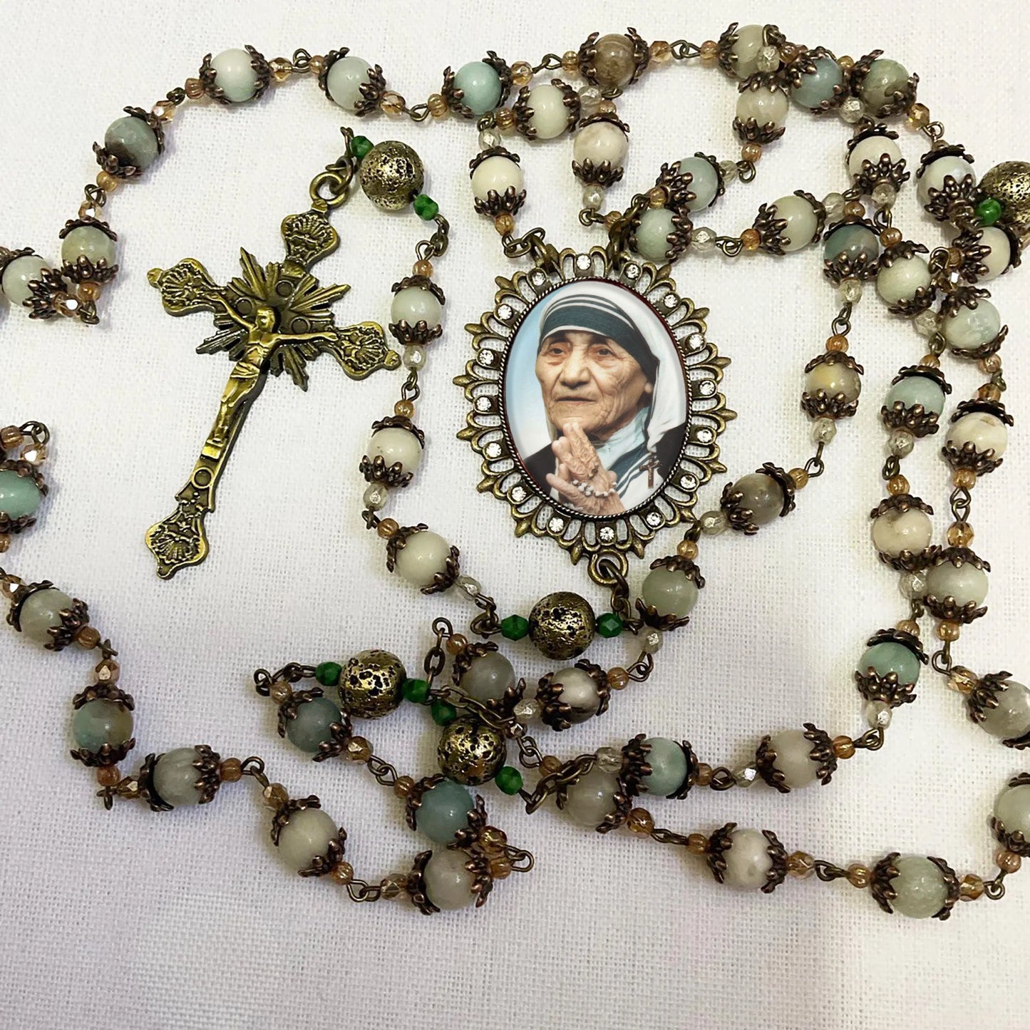 St Mother Teresa Handmade Catholic Rosary - Amazonite Gemstones and Czech Glass Beads