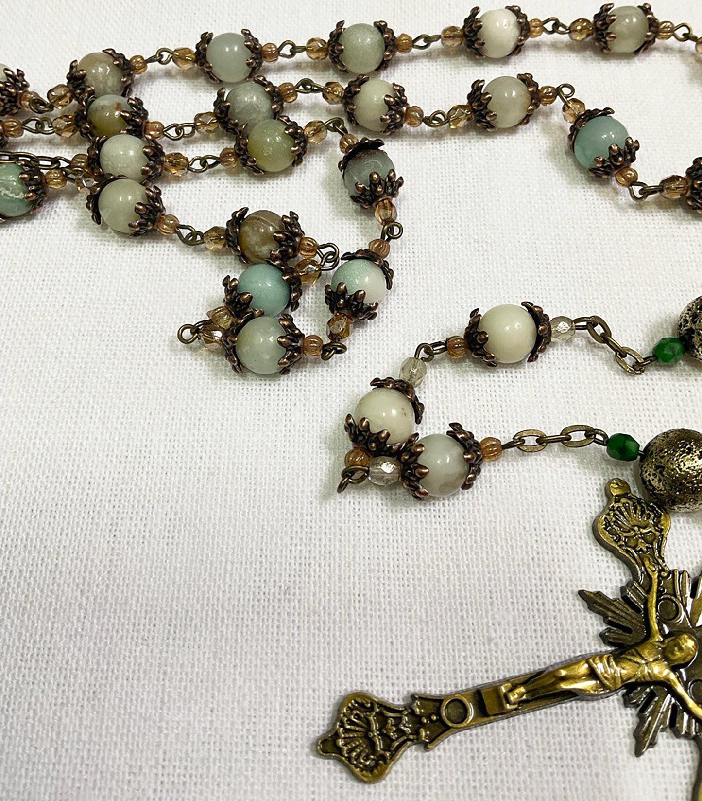 Catholic Heirloom Bronze Rosary Our Lady of Sorrows | Seven Sorrows of Mary | Handmade with Amazonite Gemstones + Czech Glass Beads