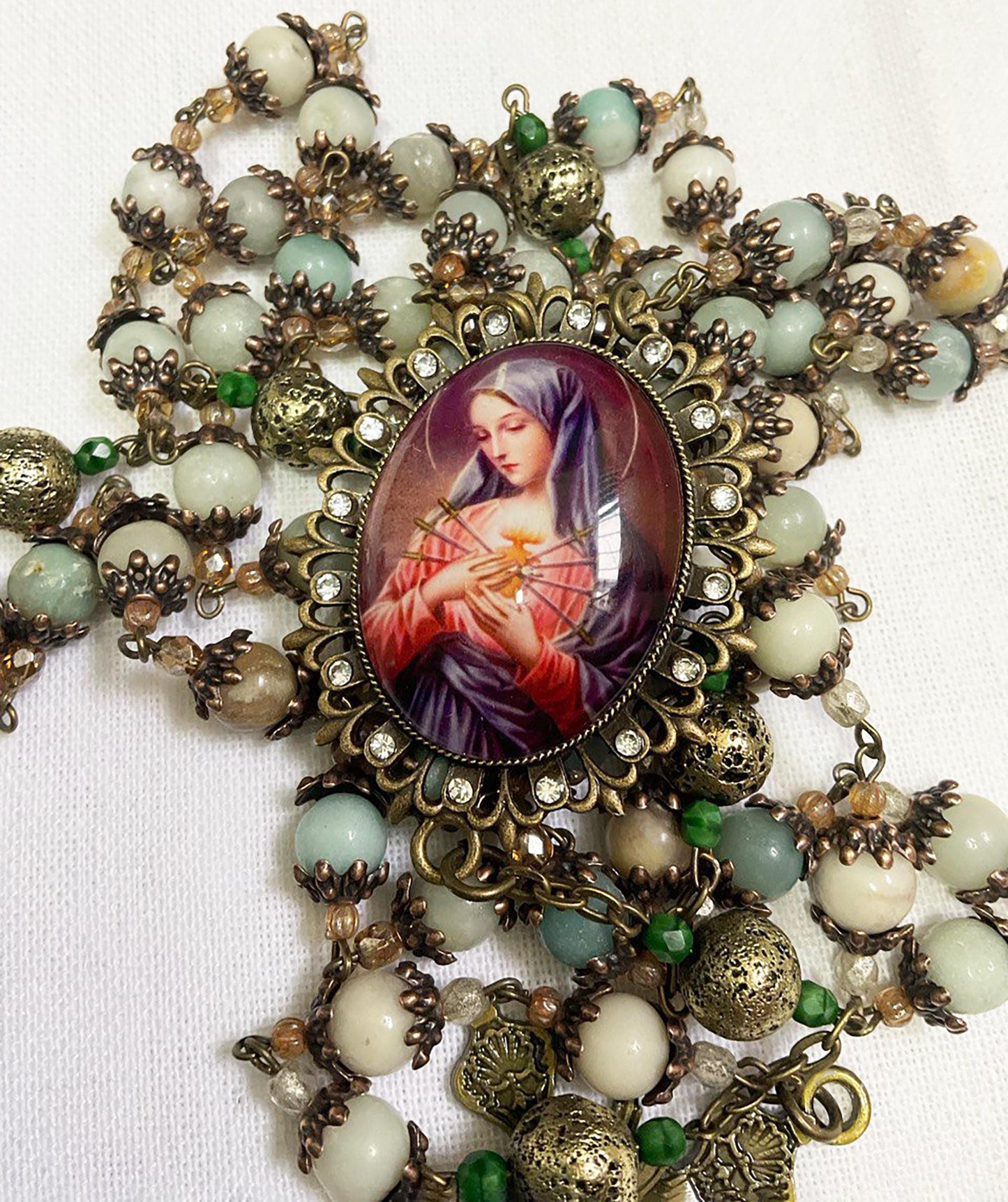 Catholic Heirloom Bronze Rosary Our Lady of Sorrows | Seven Sorrows of Mary | Handmade with Amazonite Gemstones + Czech Glass Beads